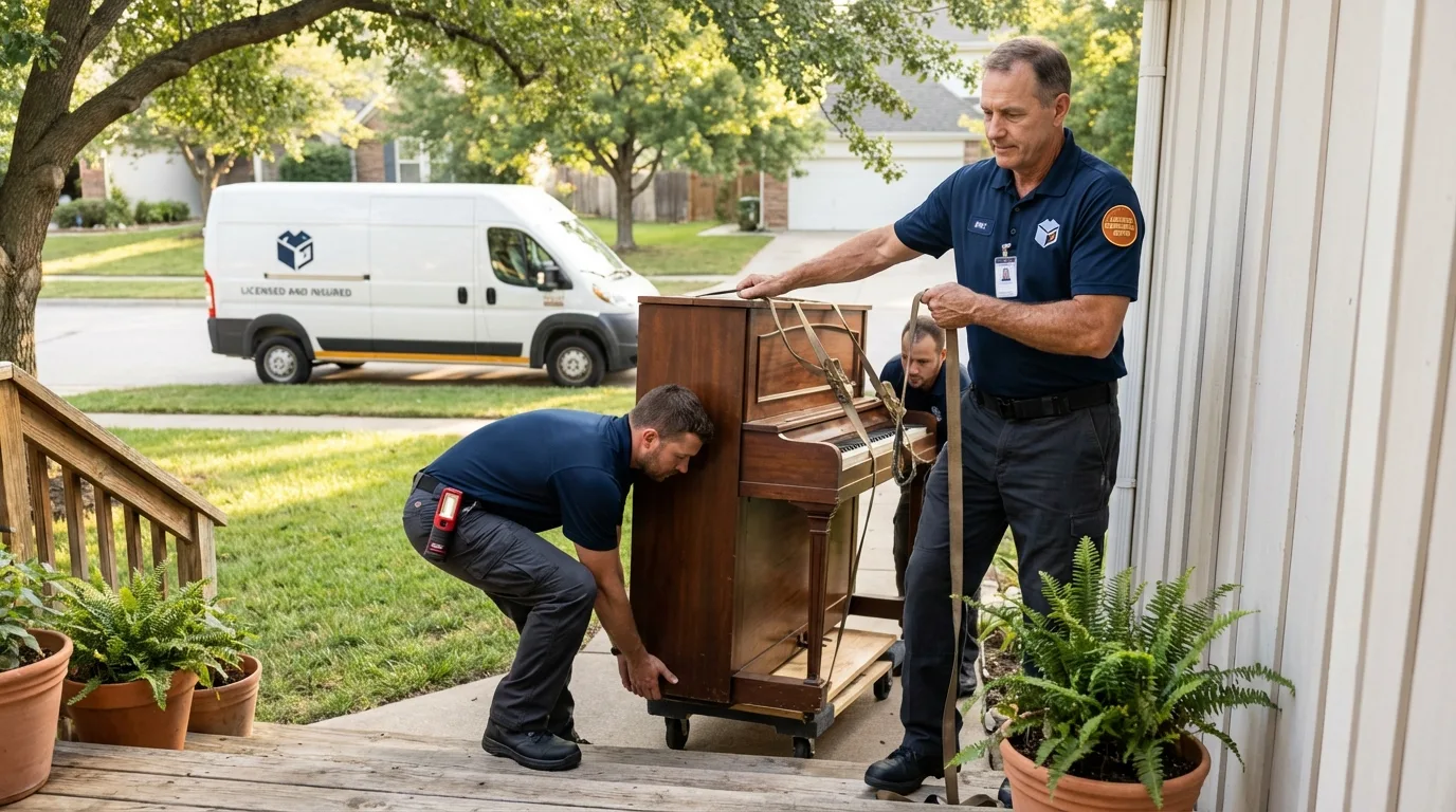 Licensed piano movers securing grand piano in Little Ferry, NJ