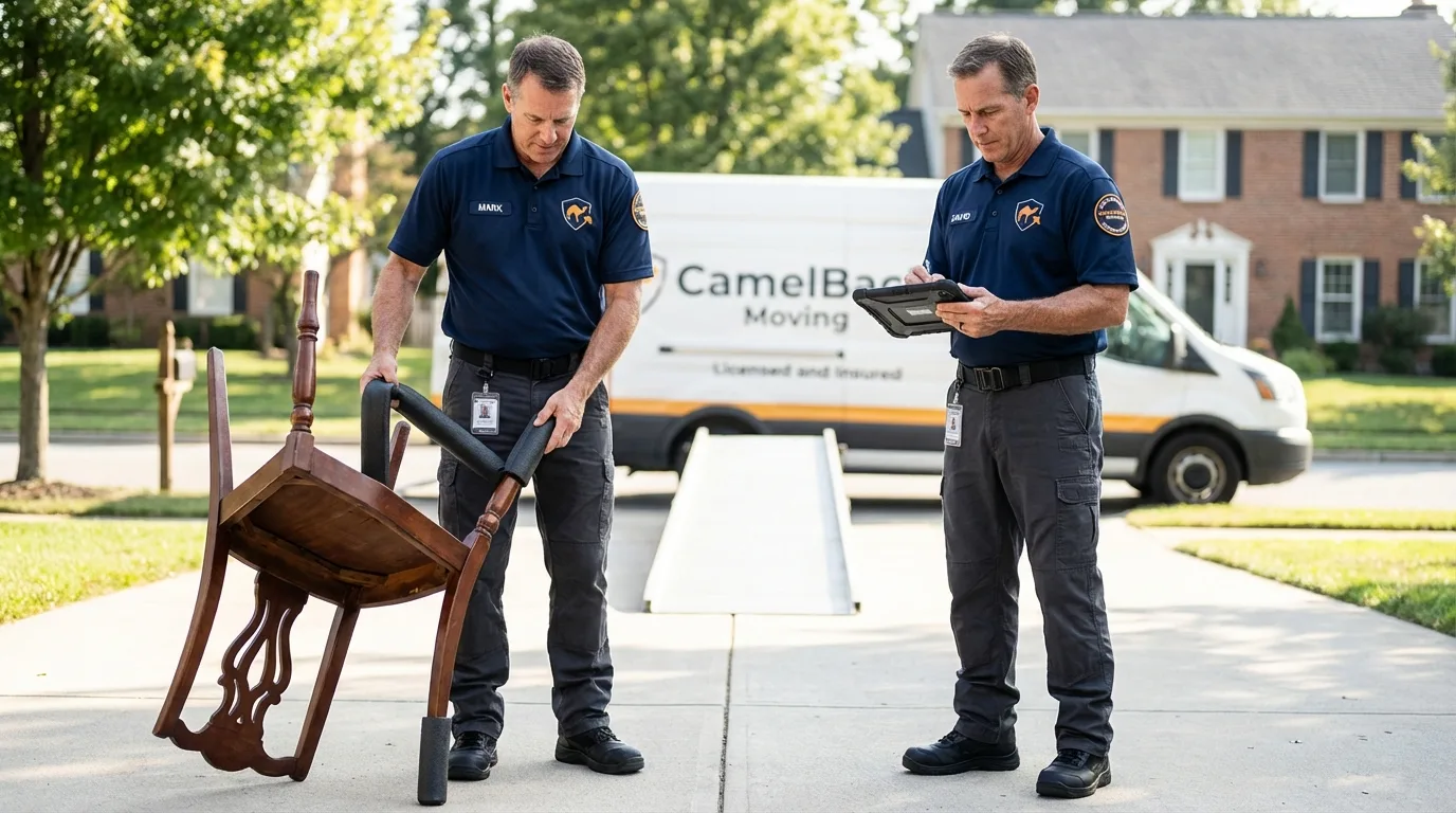 Movers inspecting furniture for damage prevention before loading in Little Ferry, NJ