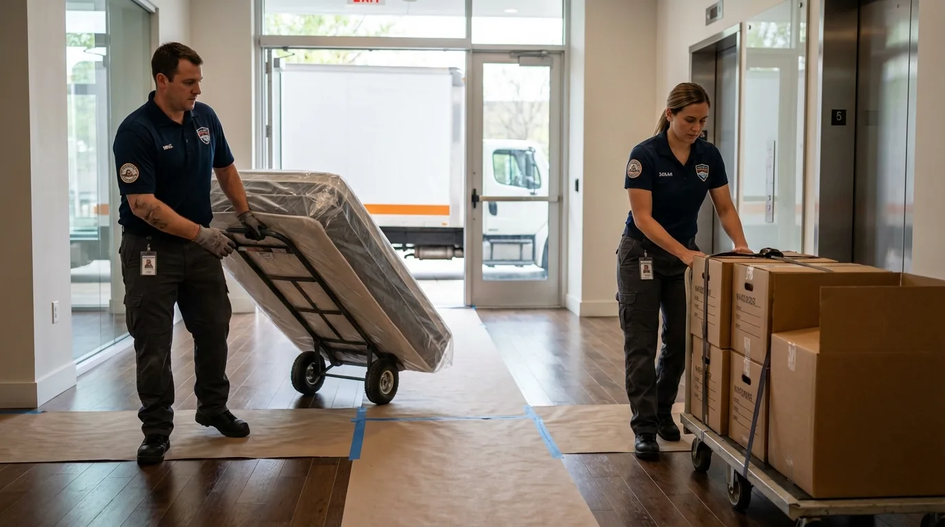 Professional apartment movers loading elevator in Little Ferry, NJ