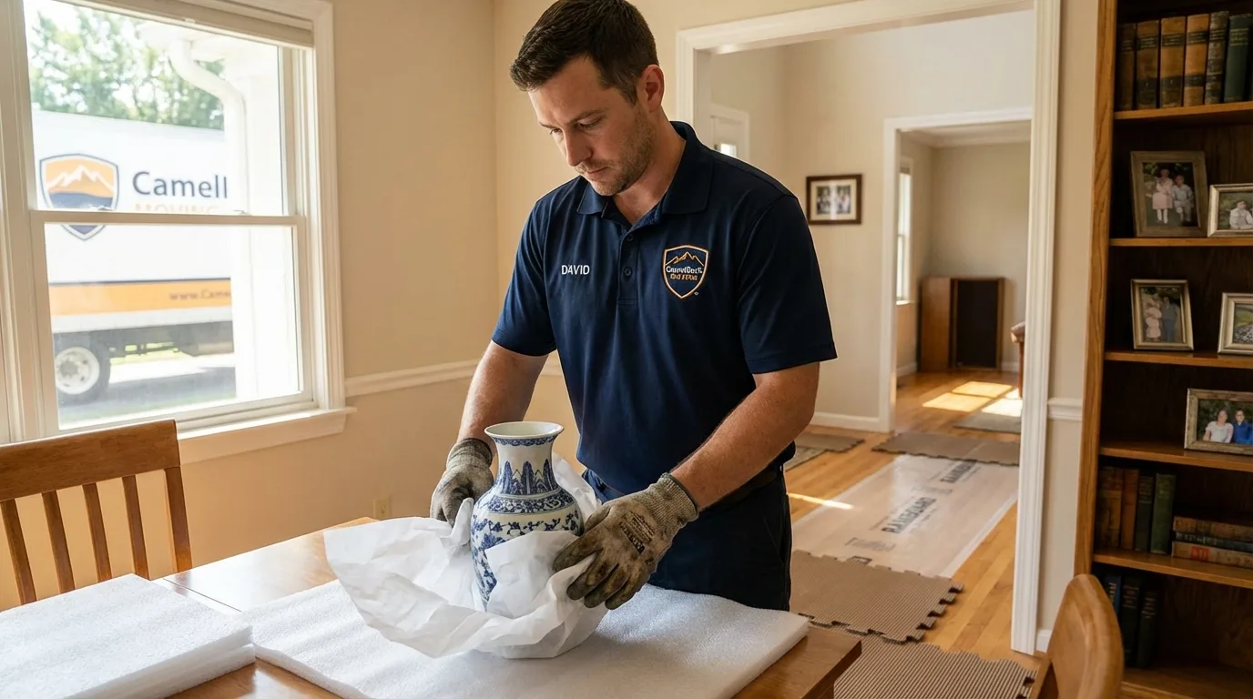 Professional crew carefully wrapping antique vase for senior downsizing move in Little Ferry, NJ